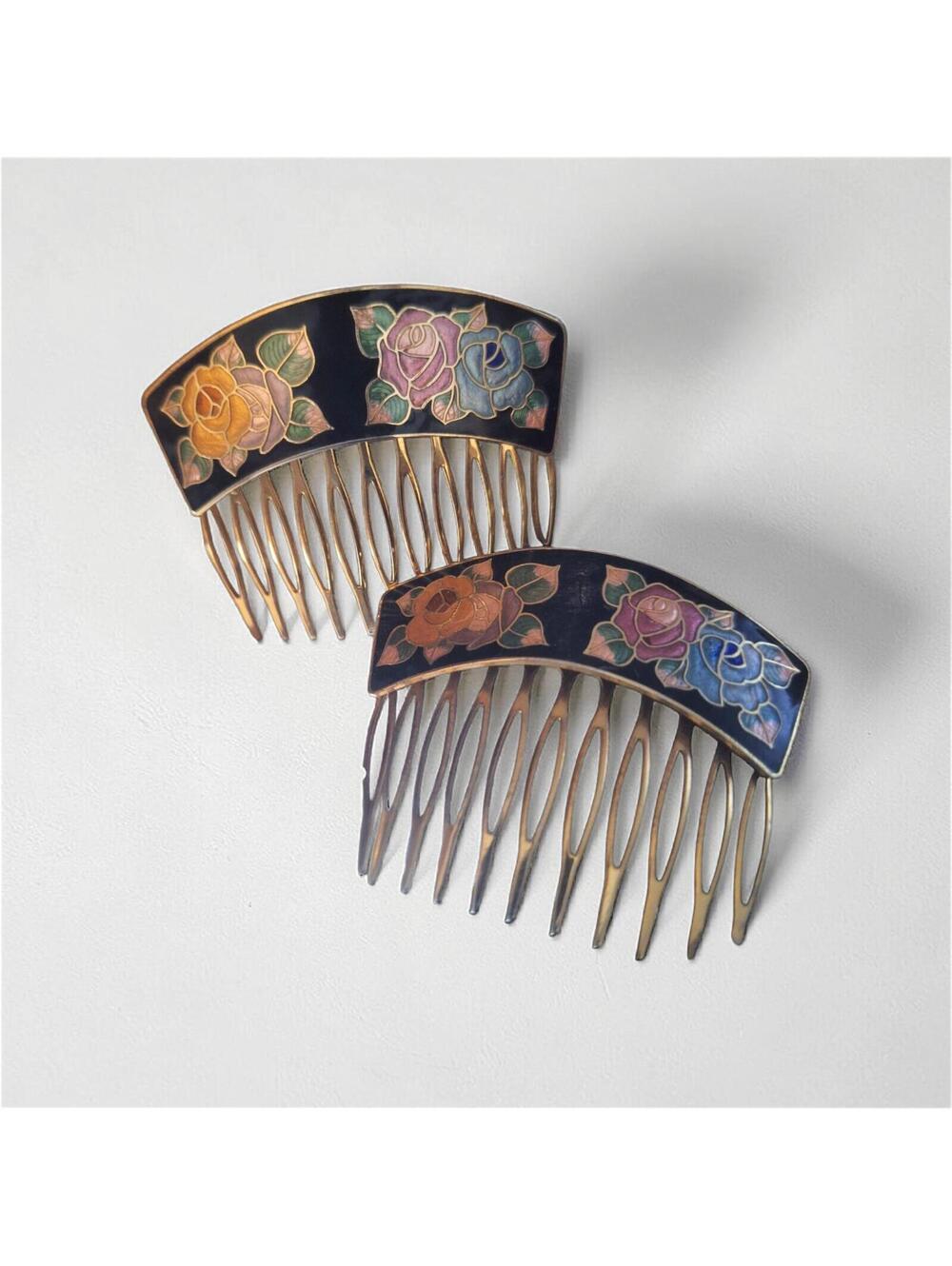 Vintage Pair of Cloisonné Enamel Floral Rose Hair Combs